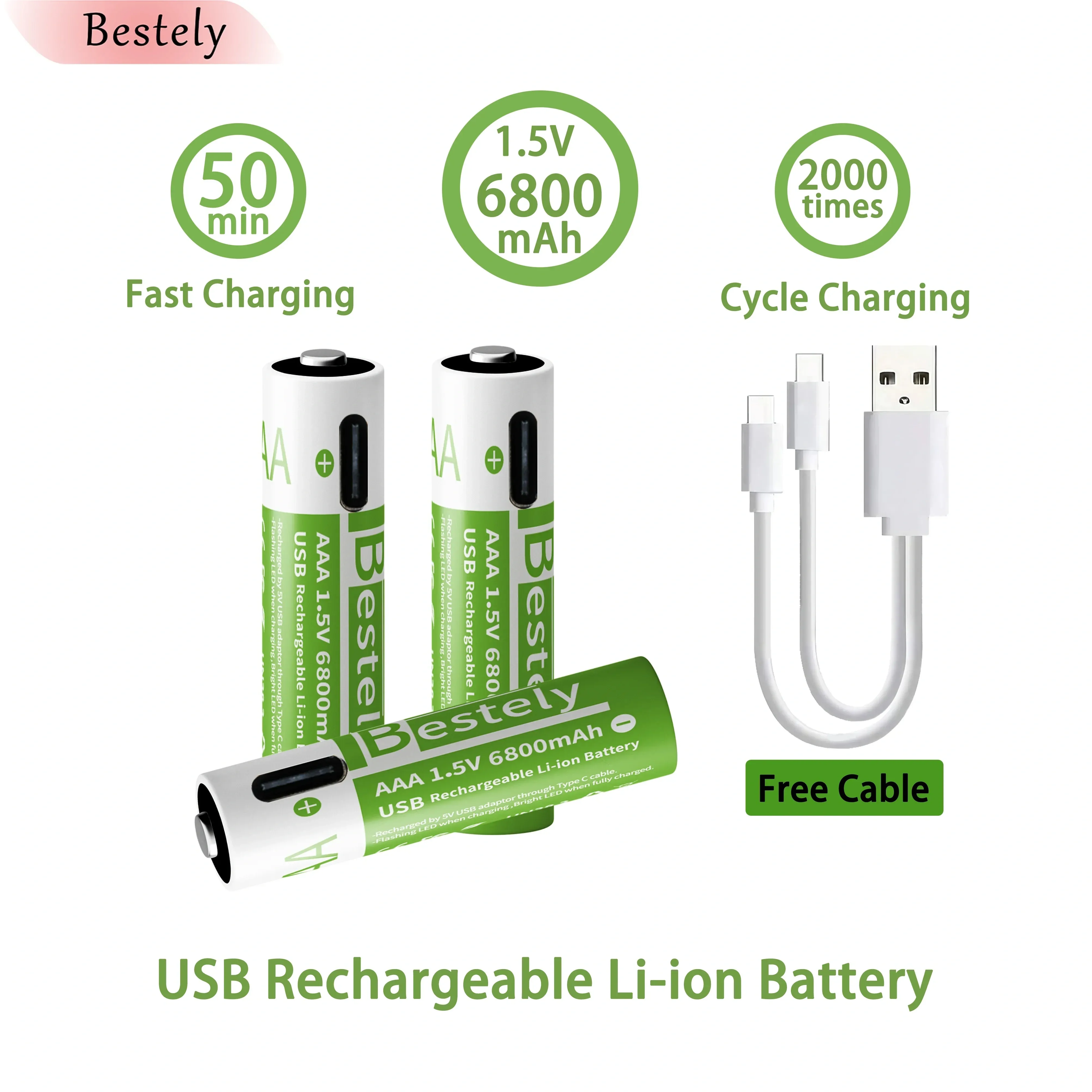 Rechargeable 1.5V AA/AAA Lithium Batteries 6800mAh/3000mAh Capacity USB AAA Li-ion Battery 2000 times cycle with cable for free