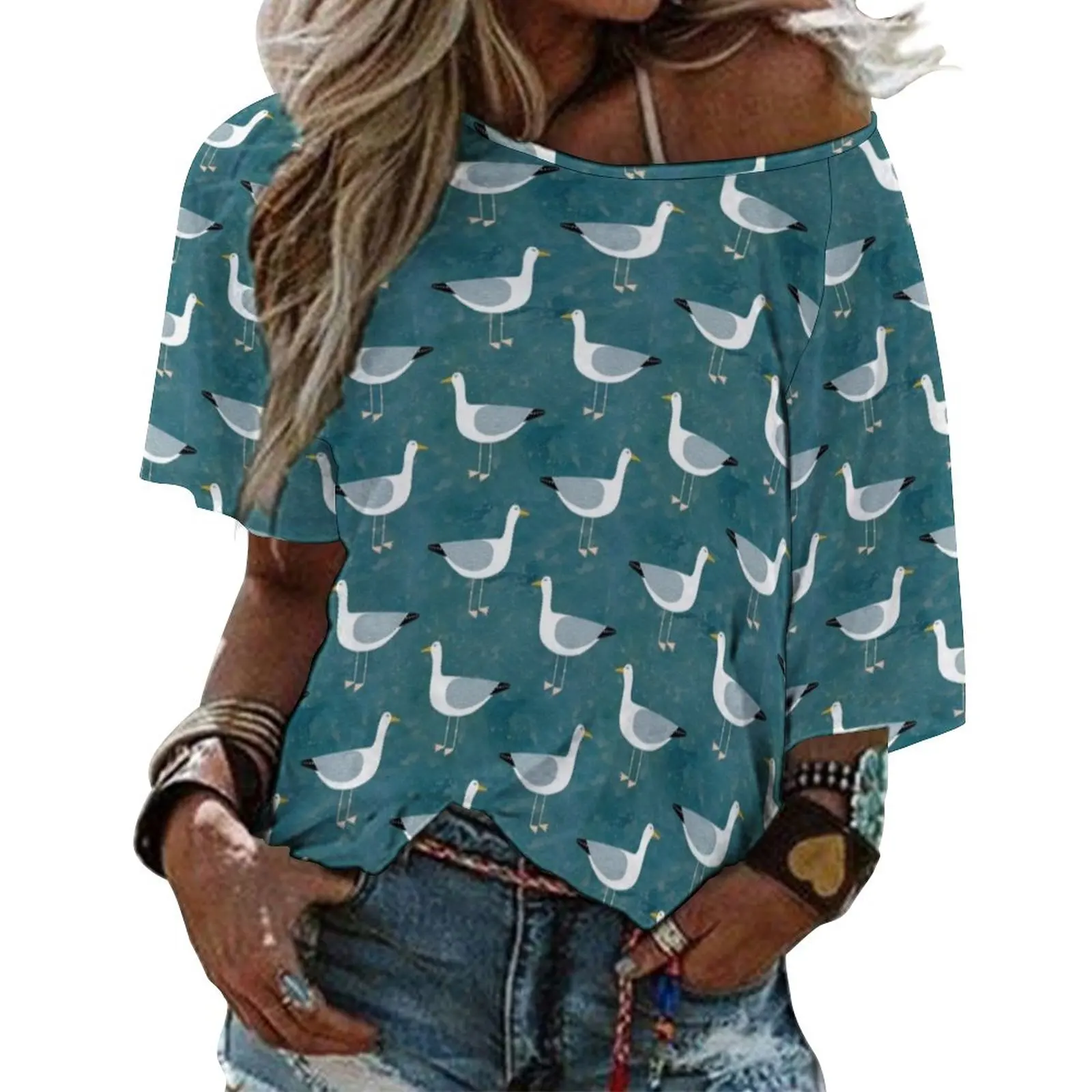 Seagull Standing Ruffle Short Sleeve T Shirts Summer V Neck Tops Fashion Casual Tee Shirt Seagull Gull Sea Ocean Bird Birds