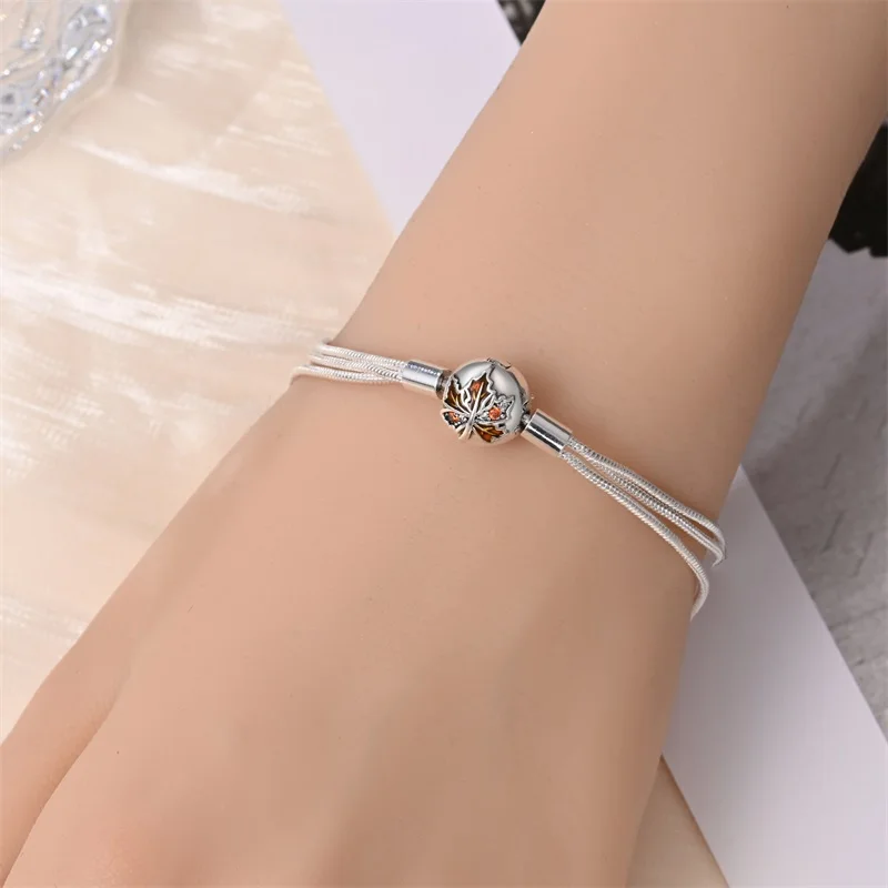 Popular 925 Sterling Silver Autumn Maple Leaf Chain Bracelet Fit DIY Charms Bead Fine Wedding Jewelry Gift