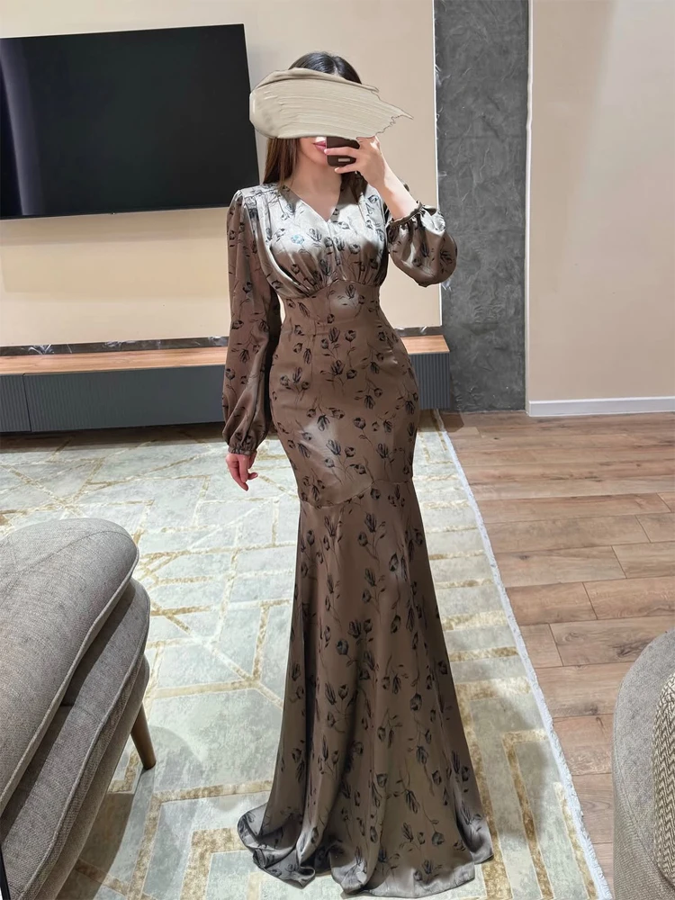브이넥 플로럴 롱 드레스 여성 패션 긴 소매 허리 조임 하이웨이스트 새틴 맥시 가운 2026 여성 이브닝 파티 드레스