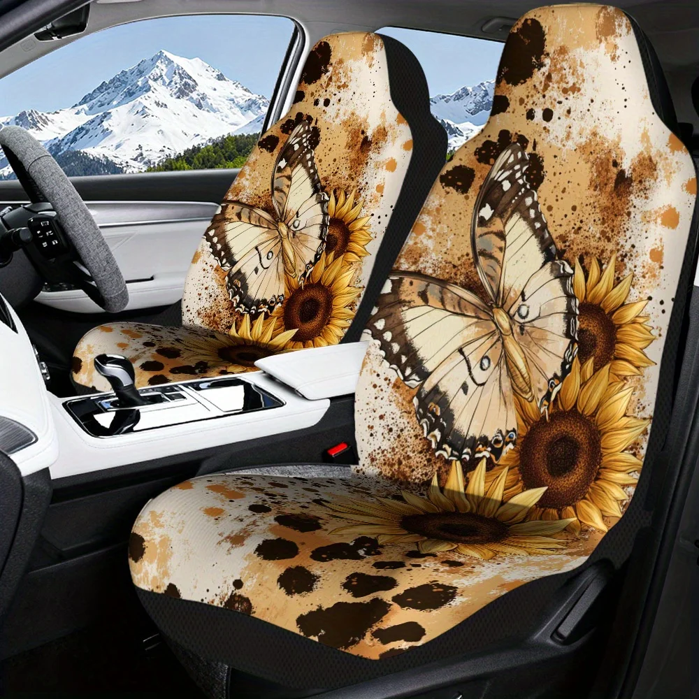 2pcs Car Seat Covers Set, Sunflowers And Butterfly Design Print, Fashionable Vehicle Seat Covers. Fits Daily Gym Commutes & Wee