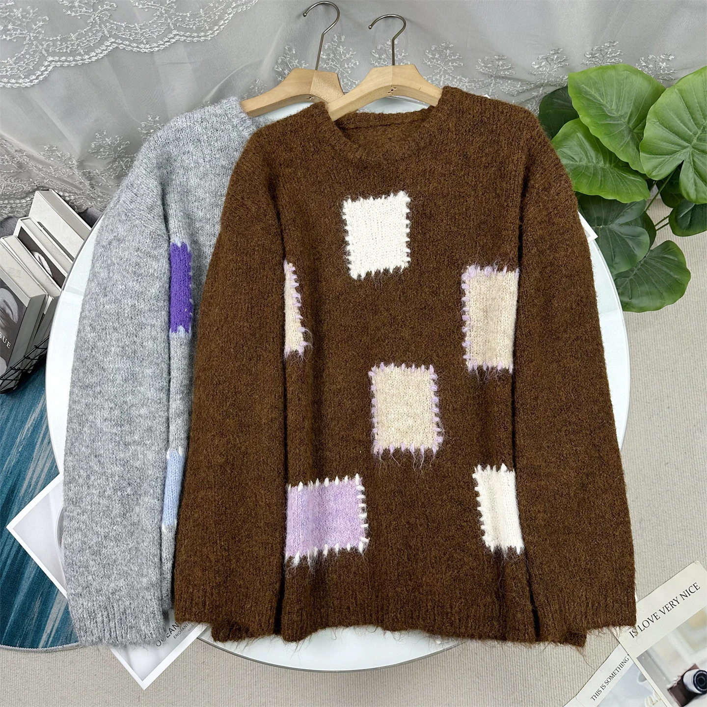 

Яркий вязаный свитер в стиле колор-блок с круглым вырезом, свободного кроя, женский, модный, зимний, повседневный, с сетчатым узором