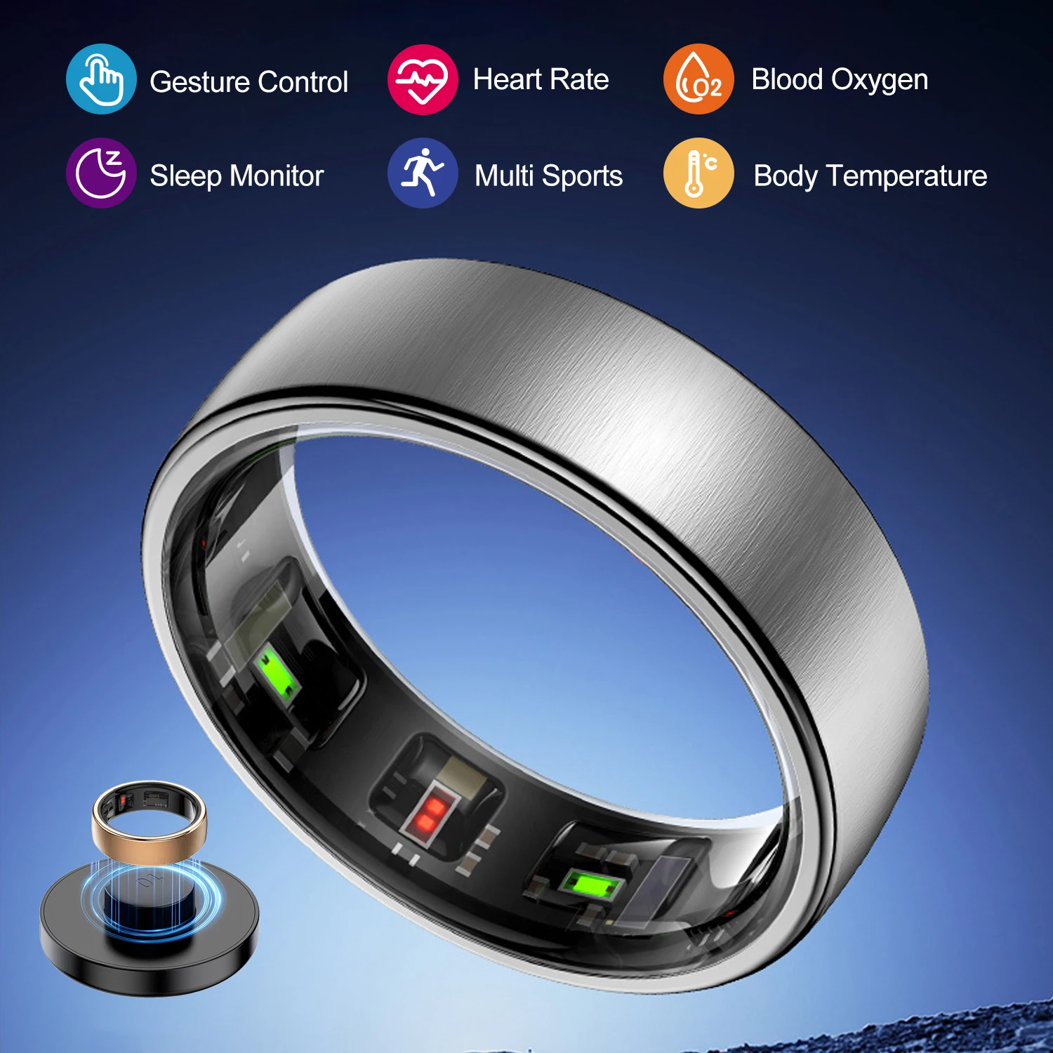 

R10 Smart Ring with Charging Case Men Women Health Heart Rate Sleep Monitor IP68 & 5ATM Waterproof Oversize Big Size 12 13 14