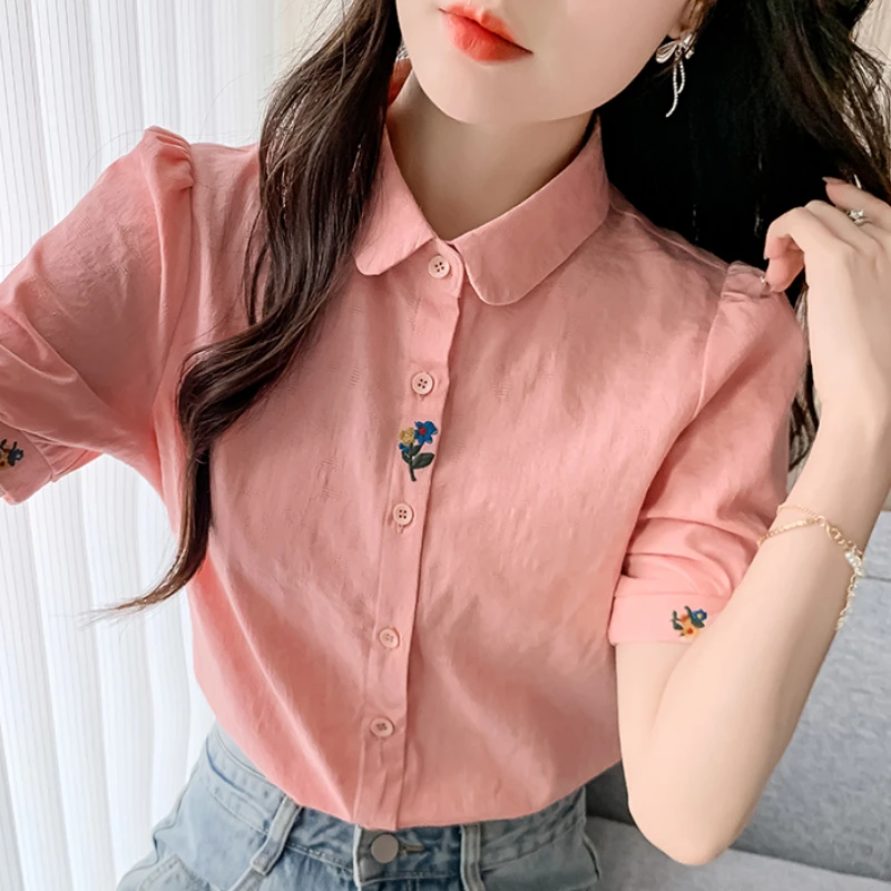 Cotton Embroidered Women's Shirt Summer Casual Womens Tops Short Sleeved Blouse Spring Sweet Female Clothing White Shirt Women
