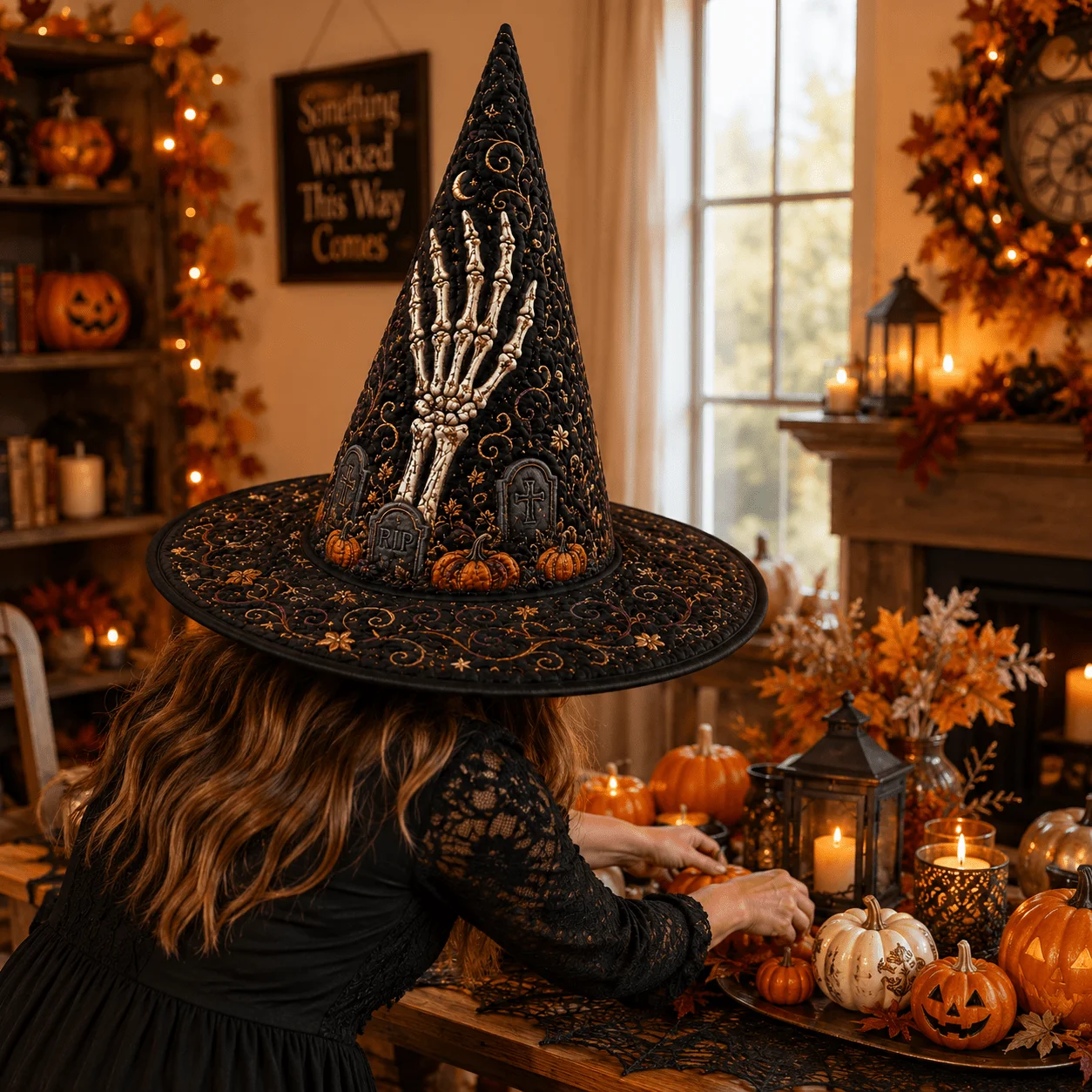 Customization Halloween Witch Hat For Women, Skeletal Hand, Pumpkin And Grave Marker Pattern, Distinctive Witch Hat Shape, Quilt