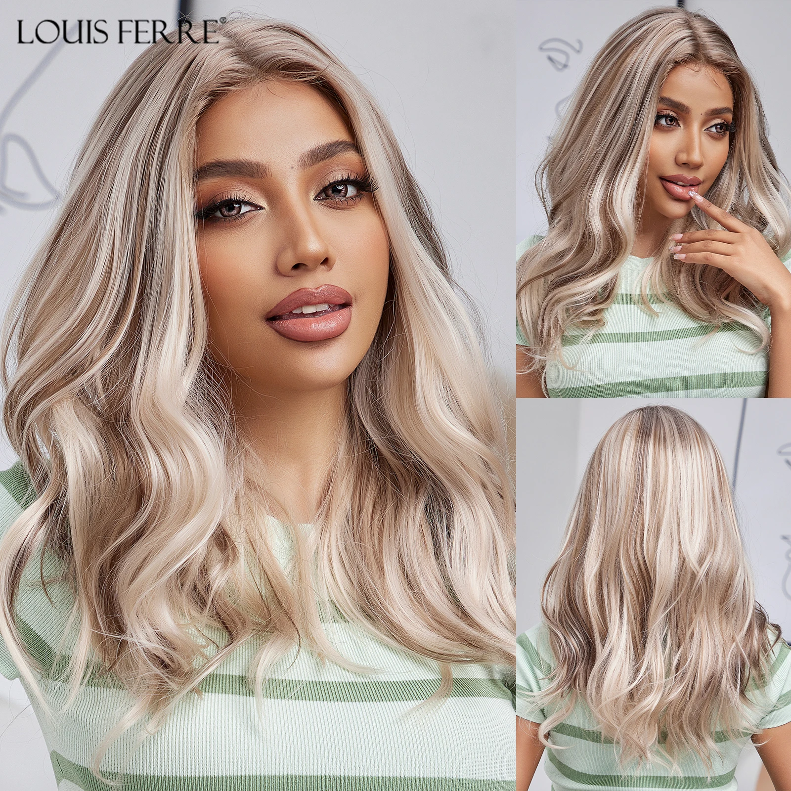 

LOUIS FERRE Long Blonde Highlight Wave Lace Front Wig Blonde Mixed Brown Lace Synthetic Wigs Natural Looking Heat Resistant Hair