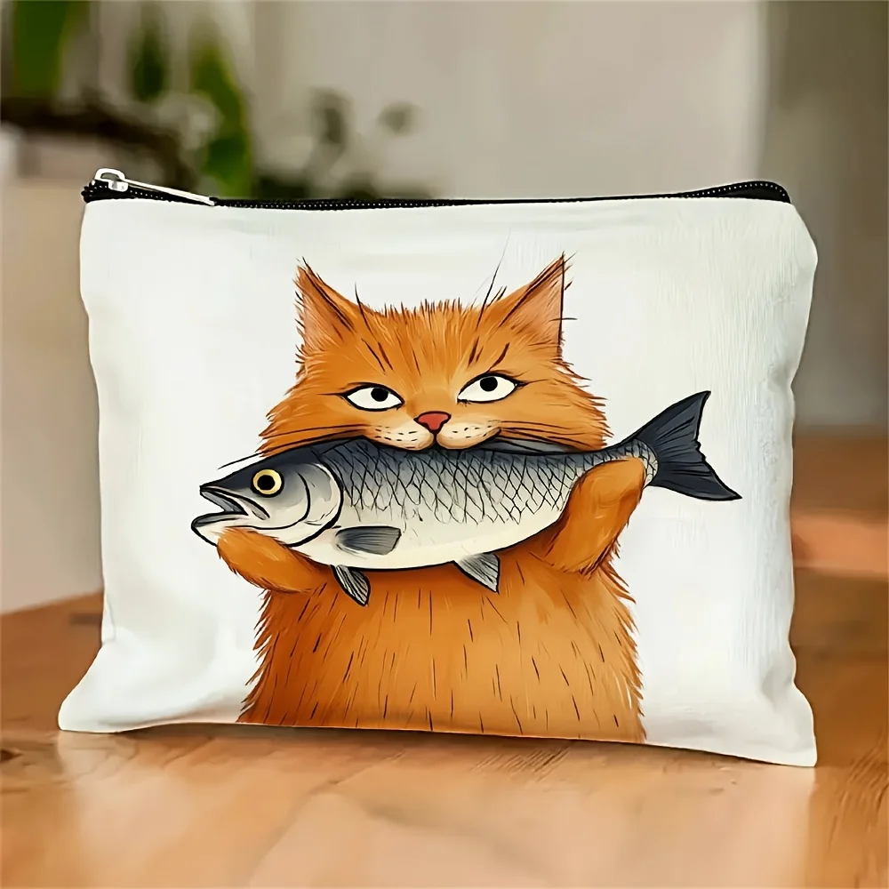 

A Cat Fishing Print Makeup Bag- Multifunctional Zipper Pouch, Jewelry Storage Bag, Perfect Travel Zipper Small Storage Bag.
