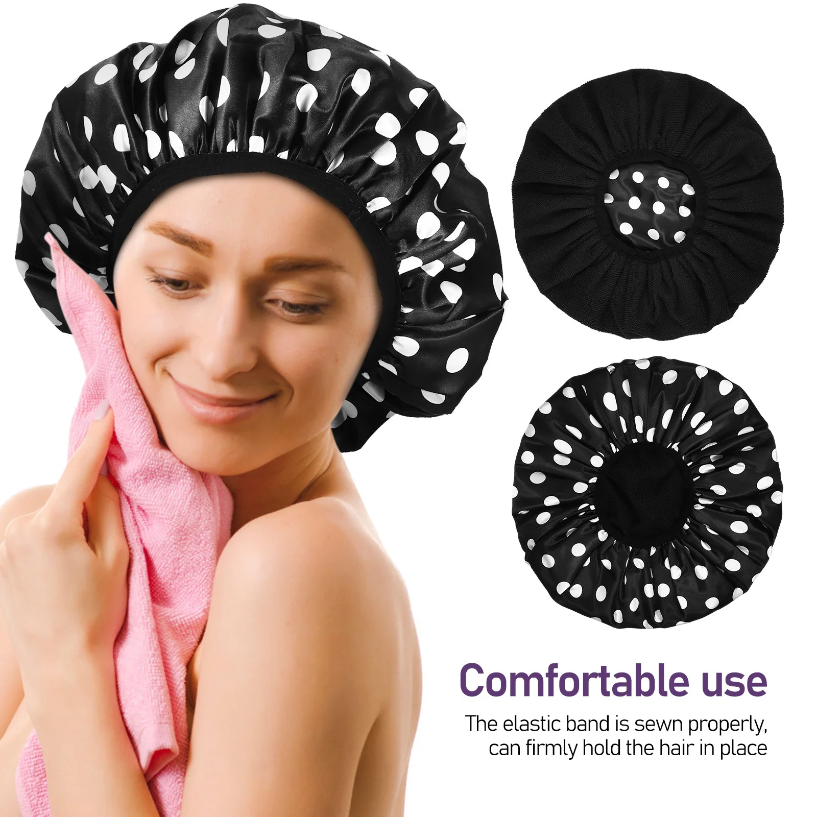 

2Pcs Waterproof Bath Caps Reusable Elastic Band Dots Pattern Microfiber Lining for Women Bathing Face Washing Hair Care