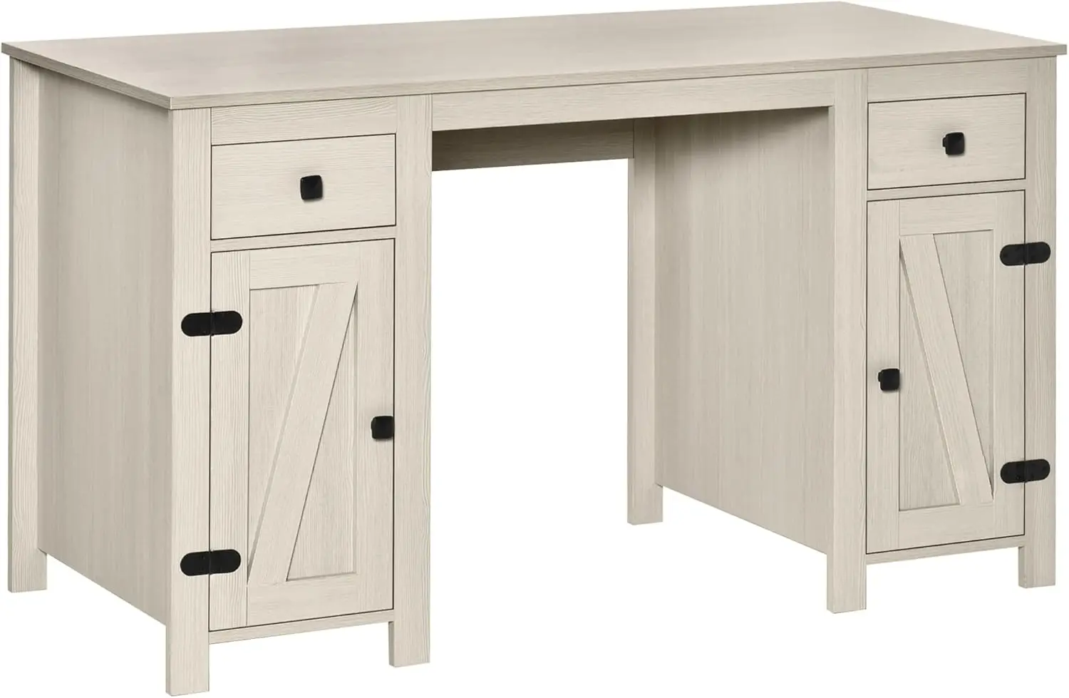 Farmhouse Computer Desk With Storage, Home Office Desk With 2 Drawers And 2 Cabinets, Cream White