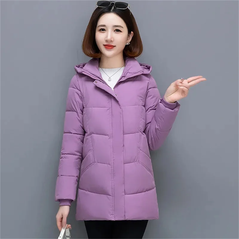 Casaco de algodão de comprimento médio feminino, destacável com capuz, coreano, novo solto e grosso, inverno baixo, roxo, 4XL