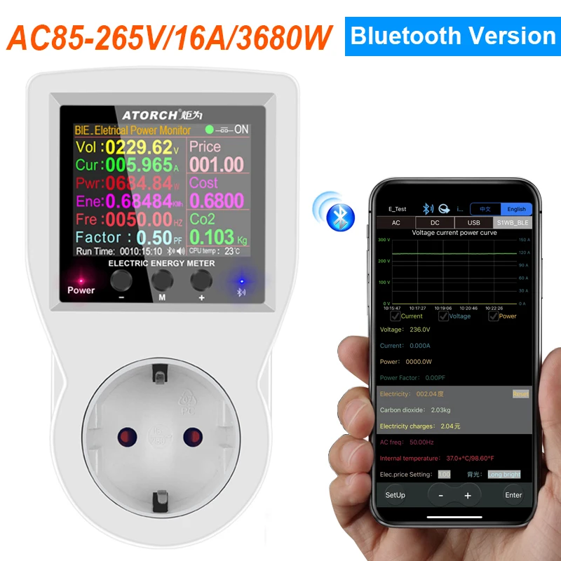 Vatímetro Digital con Bluetooth, medidor de energía de 220V CA, medidor de consumo de electricidad, enchufe europeo/estadounidense