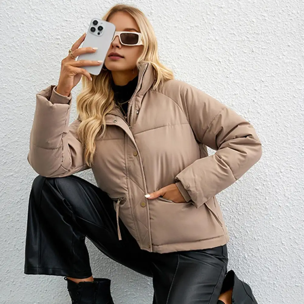 

Women Coat Stylish Winter Women's Jacket with Zippered Pockets Turn-down Collar Thickened Padding for Windproof Warmth Solid