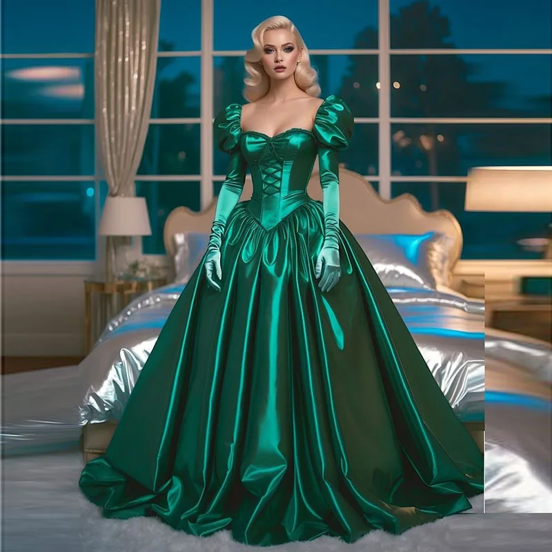 

Vintage Victorian Evening Dresses Green Satin Prom Dresses Sweetheart Long Sleeves Arabic Evening Party Gown Customized