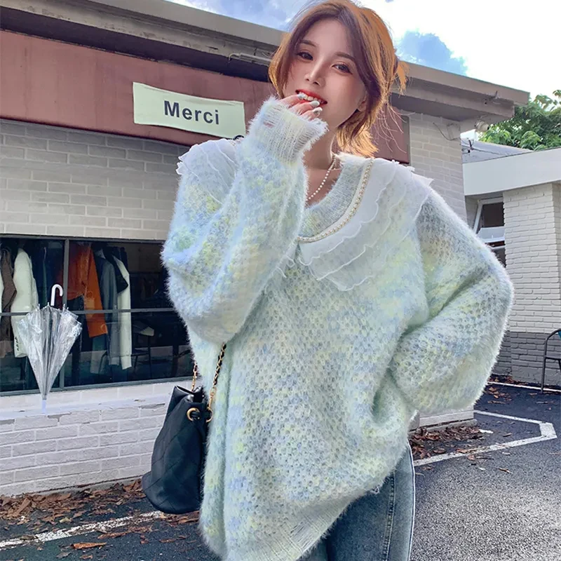 

Japanese Sweet Knitted Sweaters Women Pearls V Neck Mesh Ruffles Patchwork Pullovers Fall Winter Fashion Lazy Wind Female Tops