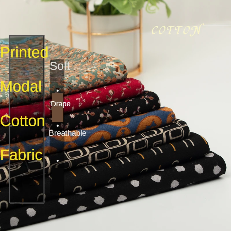 Printed Stretch Modal Fabric Cotton By The Meter for Clothing Diy Dresses Sewing Drape Black Cloth Flowers Summer Floral Knitted