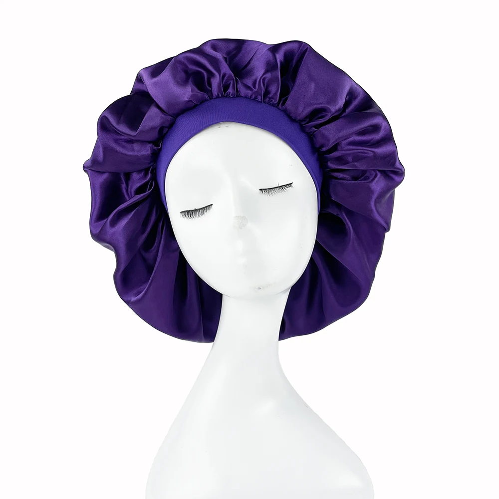 Large Print Satin Silky Bonnet Sleep Cap Width Elastic Band for Women Solid Color Head Wrap Lady Hair Accessories Wholesale