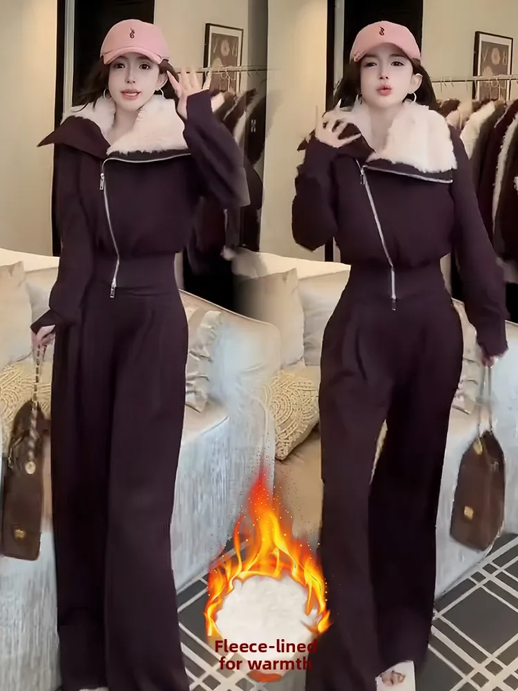 

Korean Sle Commute Jaet Loose Wide Leg Pants Two Piece Set Women Winter ular Casual Sport Whole Set High Waist Long Pants