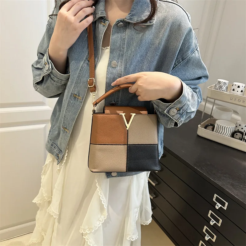 

New Fashion Contrast Color Handbag Light Luxury High-end Bucket Bag Simple Stitching Commuter Bag Design Shoulder Messenger Bags