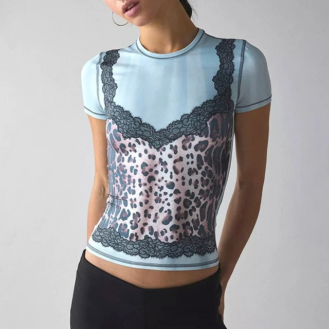 

Summer new comfortable slim retro leopard print lace top women's clothing