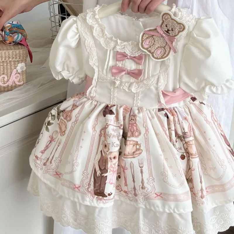 

Платье для девочек, лето 25, новый стиль, платье принцессы с объемными рукавами, сокровищами, милое платье феи, платье Лолиты с медвежонком