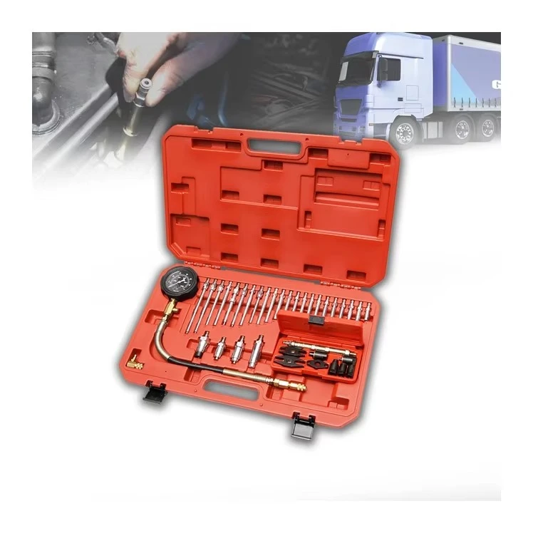 Fuel Engine Compression Tester Kit with Glow Plug & Injector Adapters, Cylinder Pressure Gauge Diagnostic Tool for Car Truck