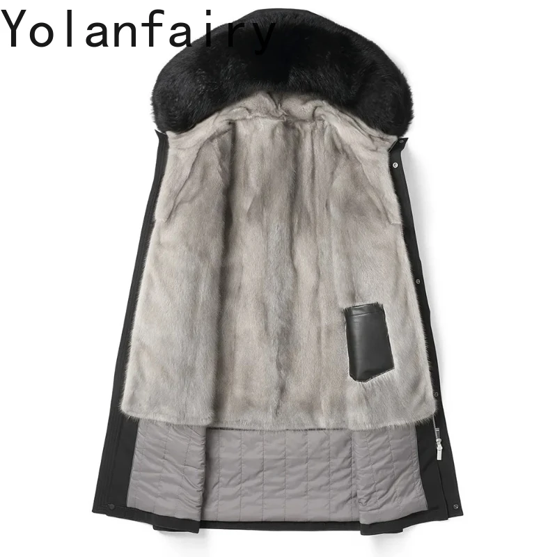 

YOLANFAIRY Winter Detachable Mink Fur Liner Jacket Natural Fur Coat Man Hooded Fox Fur Collar Coats Long Warm Parkas Men Clothes
