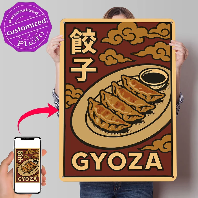 Gyoza Japanisches Essen Retro Asiatische Küche Poster Retro 3D-Gedruckte Metallschilder Personalisierte Wanddekoration Geschenk für Zuhause und Dekoration