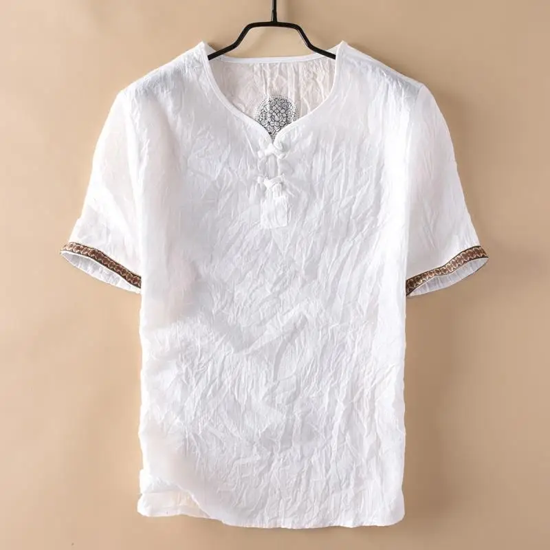 Men Chinese Style Vintage Printed Cotton Linen T Shirt Summer Male Casual V Neck Short Sleeve Breathable Tops Ropa Hombre M-5XL