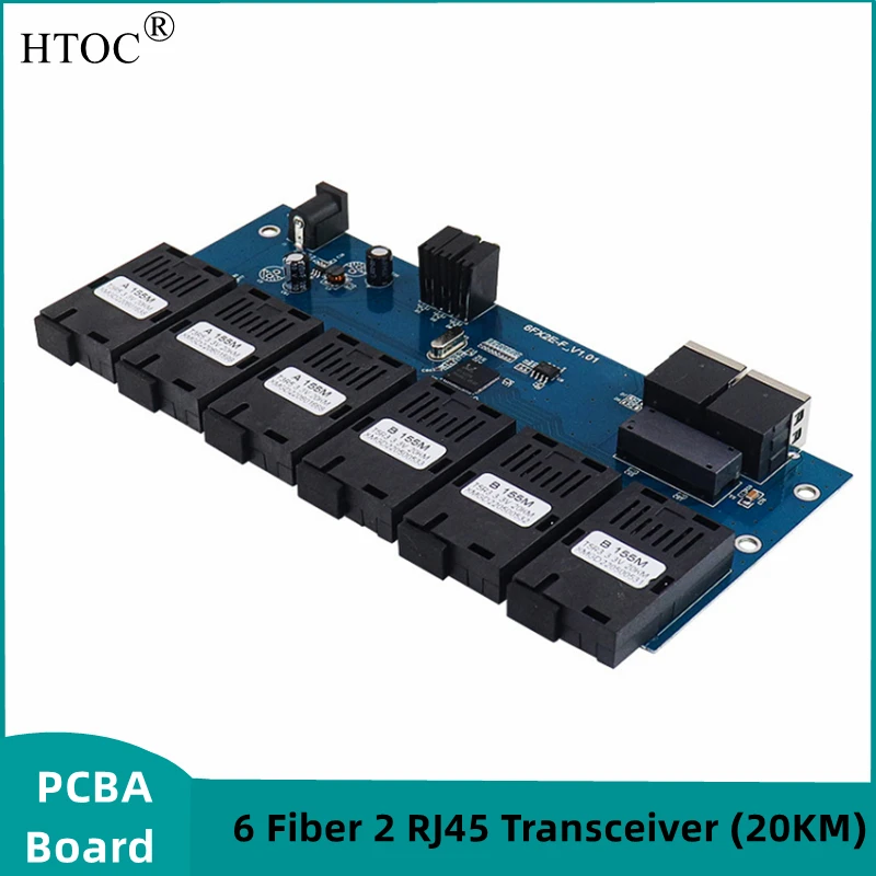 

HTOC 10/100M Fiber Optic Transceiver SC Single Mode 6 Optical 2 RJ45 Port 20KM Fiber Optic Converter PCBA Board