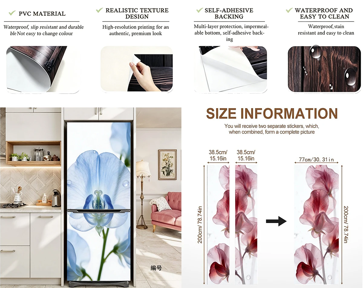 3D Floral Door Sticker, Waterproof Self-Adhesive Peel and Stick Door Wallpaper