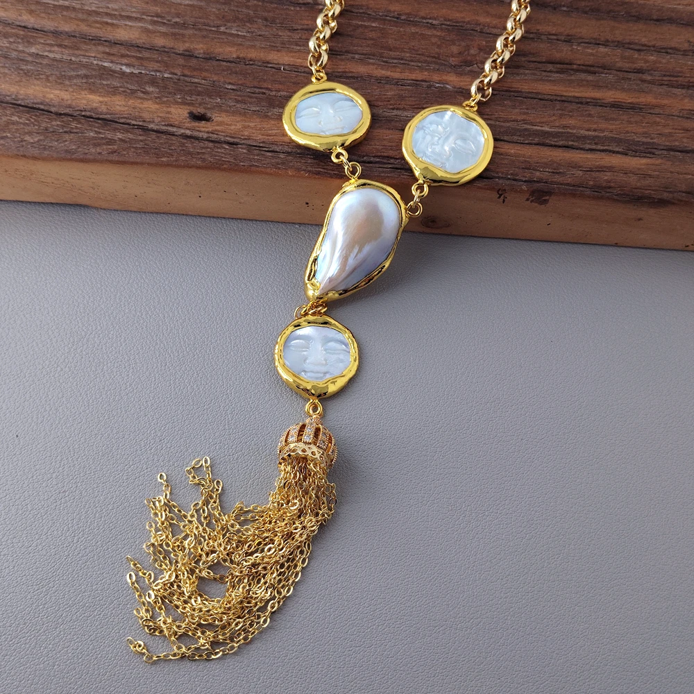 Y·YING White Sea Shell Carved Facial Baroque Pearl Tassel Necklace Bohemian Jewelry