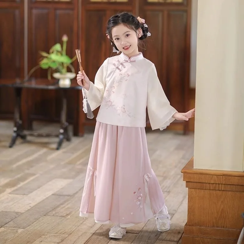 2026 summer girls Clothes Child set thin ancient costume Teen mesh Chinese floral shirt top +wide leg pants 4 8 10 12 14 years