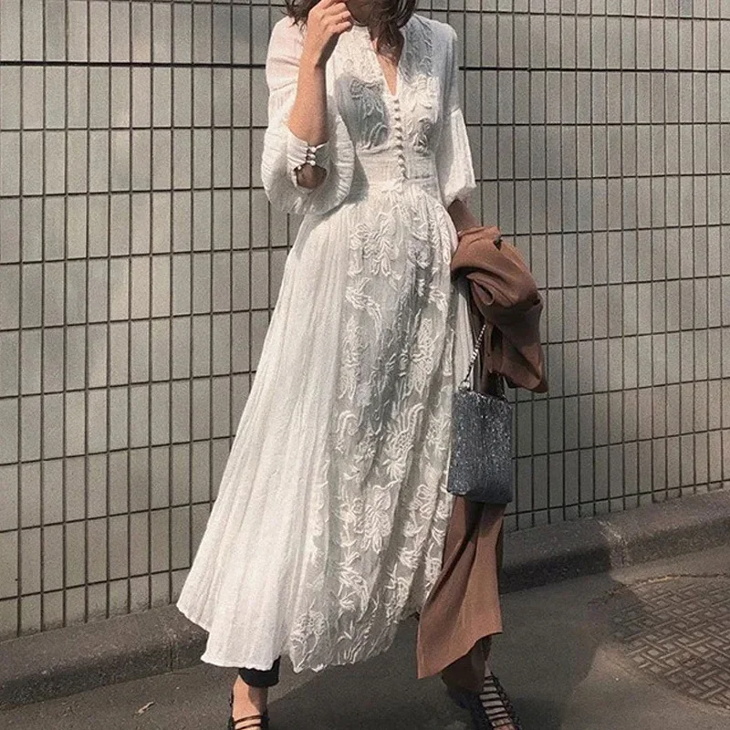 GypsyLady White Floral Embroidery Maxi Dress Vintage Boho Long Lantern Sleeve Dress Women V-neck Holiday Sexy Ladies Dresses