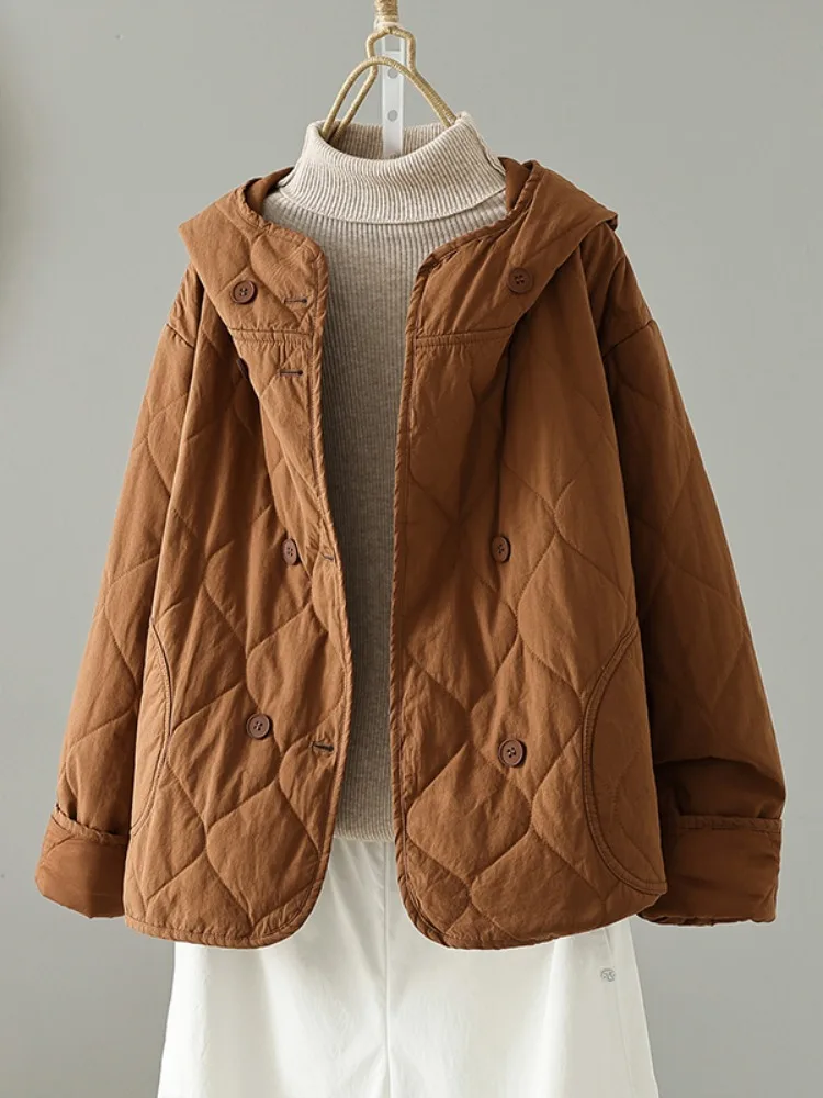 Elegant Minimalist Diamond Pattern Hooded Cotton Jacket Women's Winter Large Size Thin Cotton Warm Short Cotton Clothes