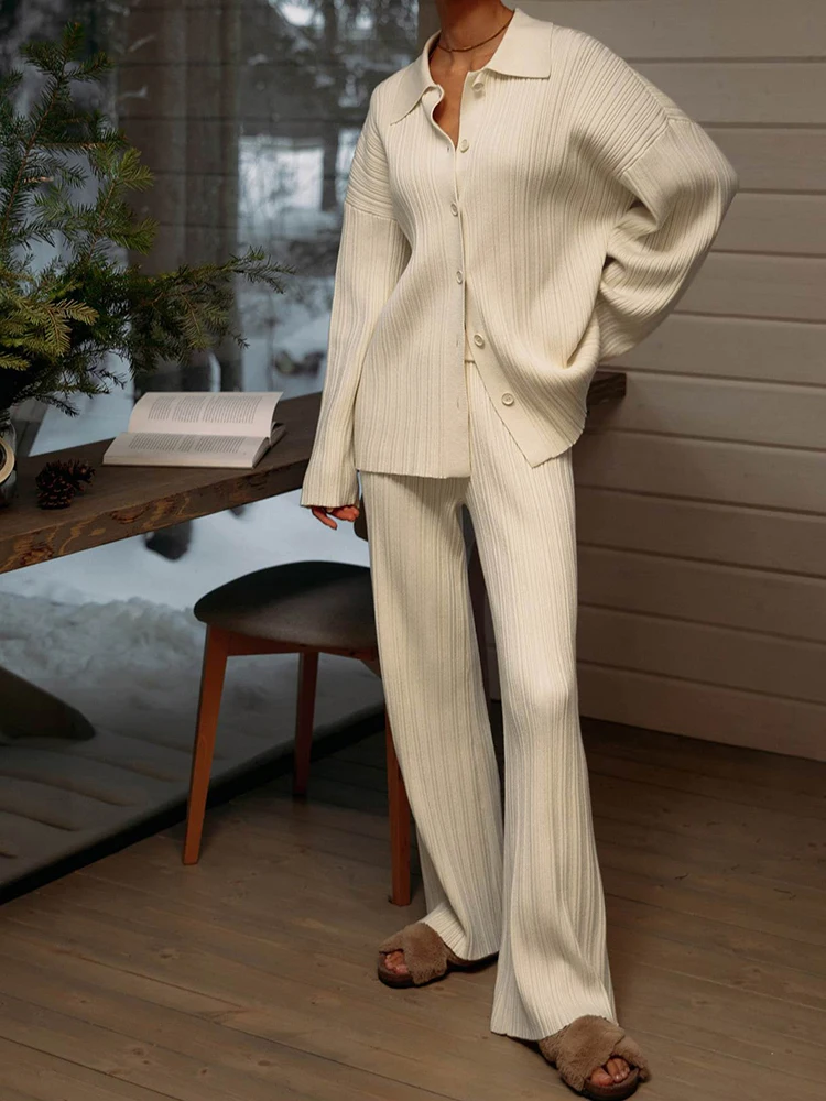 New Knitted Pant Sets for Women 2023 Elegant Soft 2 Piece Sets Striped Cardigan Sweater & Wide Leg Pants Loungewear Women Outfit