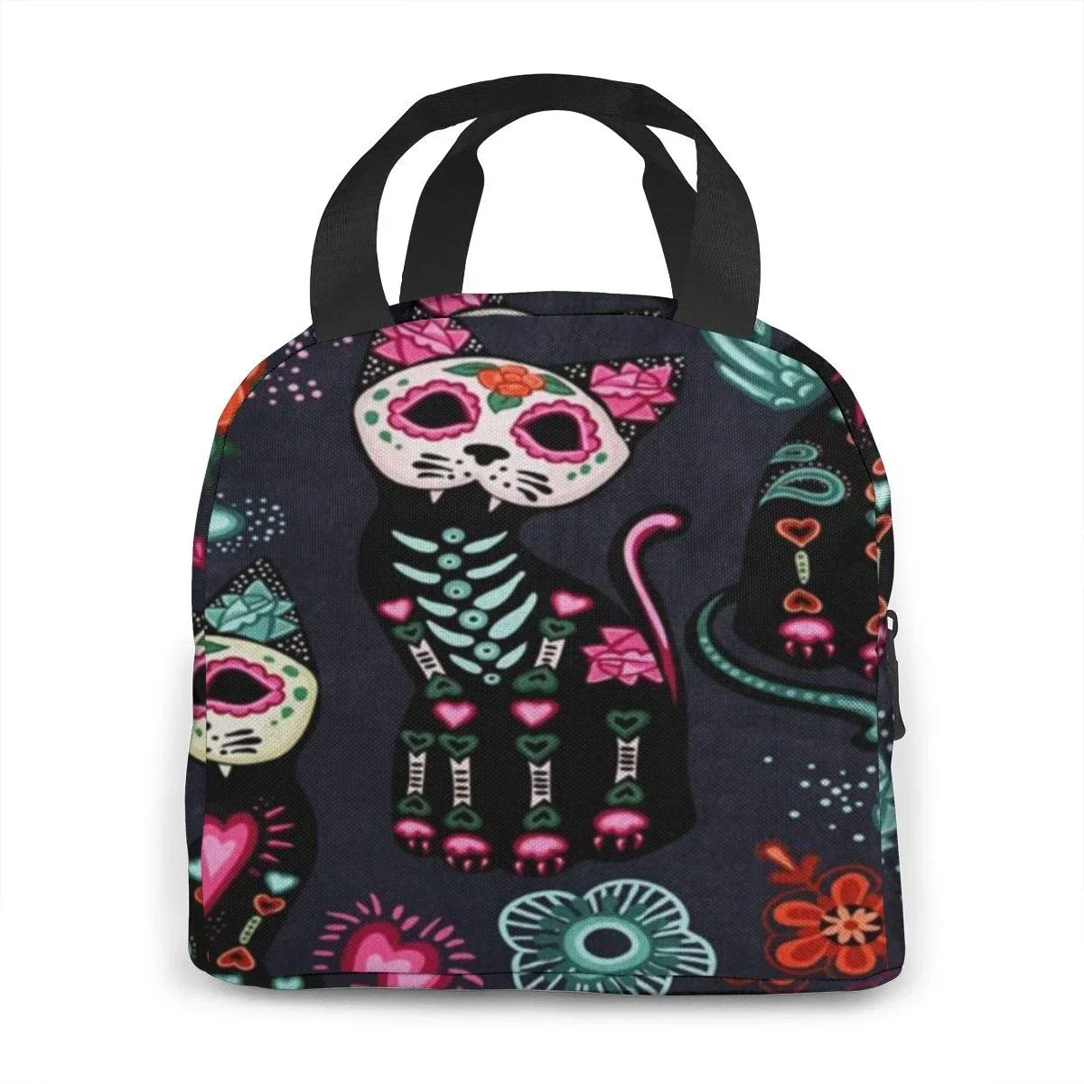 Portable Lunch Tote Bag Cat Kitten Sugar Skull Insulated Cooler Thermal Reusable Bag Lunch Box Handbag