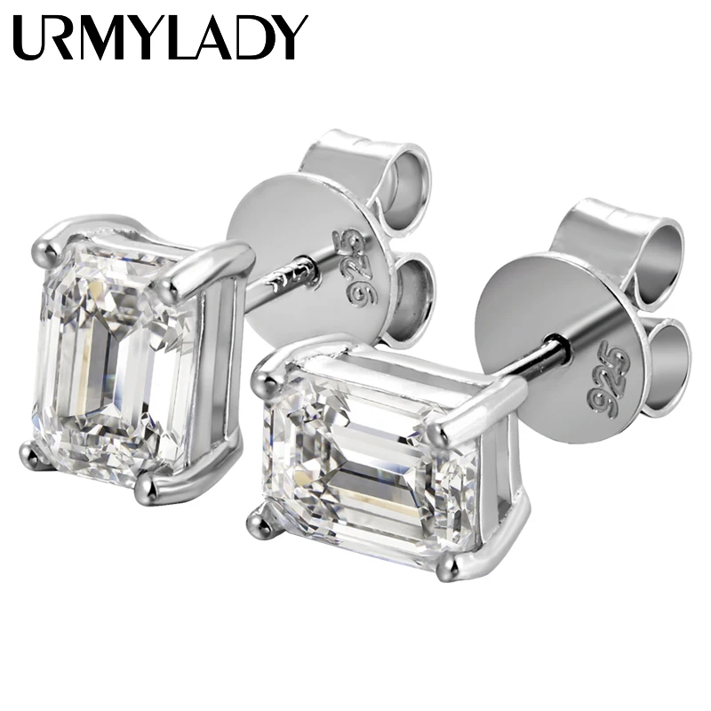 

URMYLADY D VVS1 Emerald Cut Moissanite Earring s925 Sterling Sliver Plated with 18k White Gold Earrings for Women Fine Jewelry