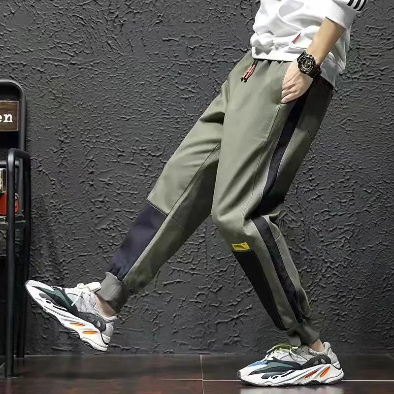 

Safari Style Spring Autumn New Trousers Men's Spliced Pocket Loose Straight Casual Elastic High Waist Drawstring Harlan Pants