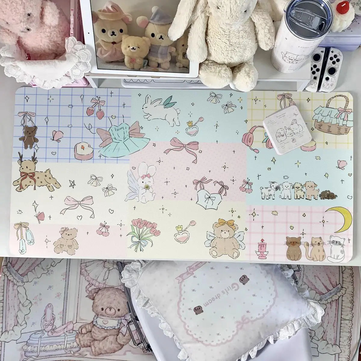 Leather Desk Pad Protector Flying Bunny Grid Bear Flower Pink Star Bow Mouse Pad Office Desk Mat Non-Slip PU Desk Blotter Pad