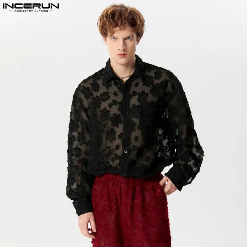 INCERUN Tops 2024 Handsome New Men\'s Perspective Solid Printed Tassels Design Shirts Casual Male Long Sleeved Lapel Blouse S-5XL