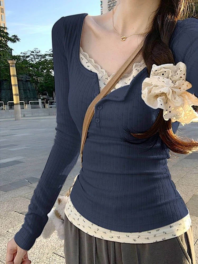 2025 الأزهار المرقعة كم طويل الدانتيل سترة بلوفر مغزول المرأة سليم صالح سترة الكورية نمط الخريف ملابس شتوية متماسكة القمم