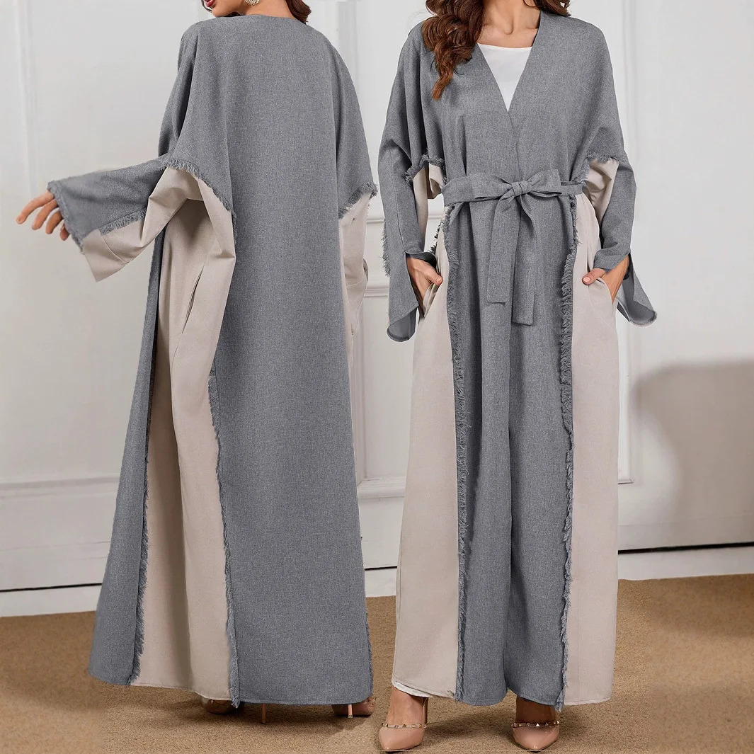 

Мусульманское длинное платье с рукавами в стиле пэчворк, с поясом-кисточками, модное и элегантное платье-кардиган с цветовыми блоками, женское платье-роба (Vestido)