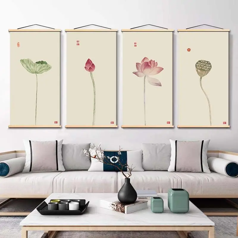 VIKAMA Chinese Lotus Flower Leaf Wooden Hanger Tapestry Minimalist Ink Painting Seal Stamp Wall Hanging Zen Tea Room Wall Decor