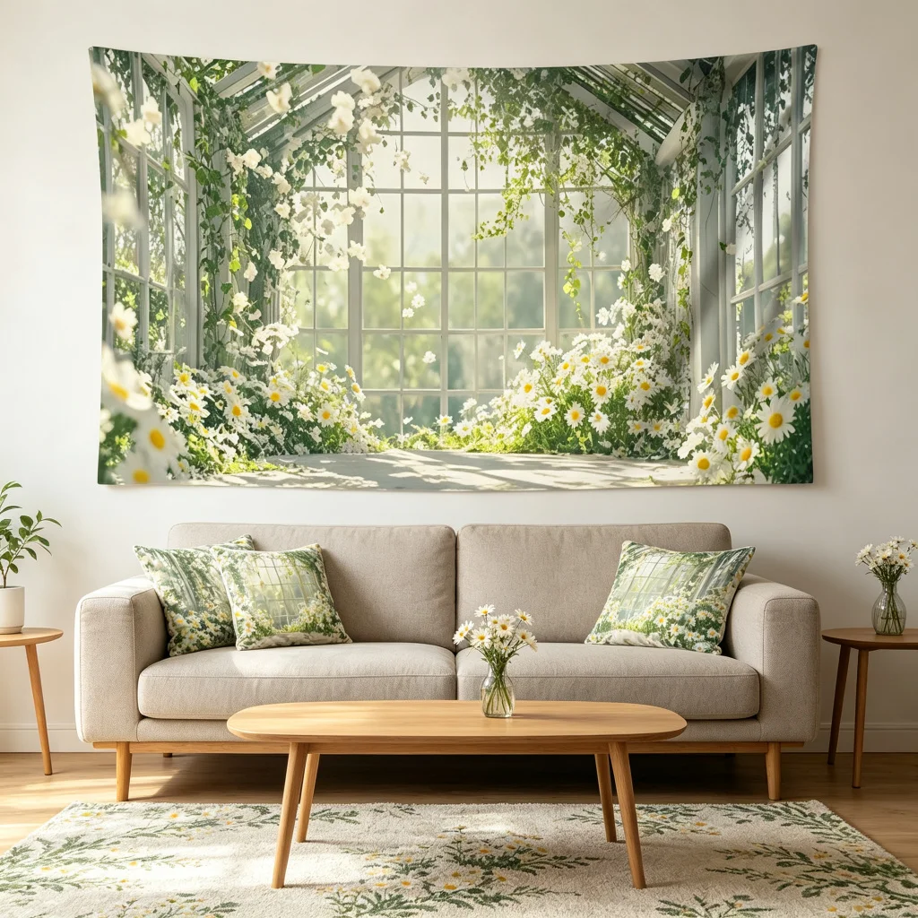 1PC Daisy Flower Greenhouse Garden Print Backdrop Banner, Bedroom Living Room Photo Background, Polyester, Home Decor, Wall Art