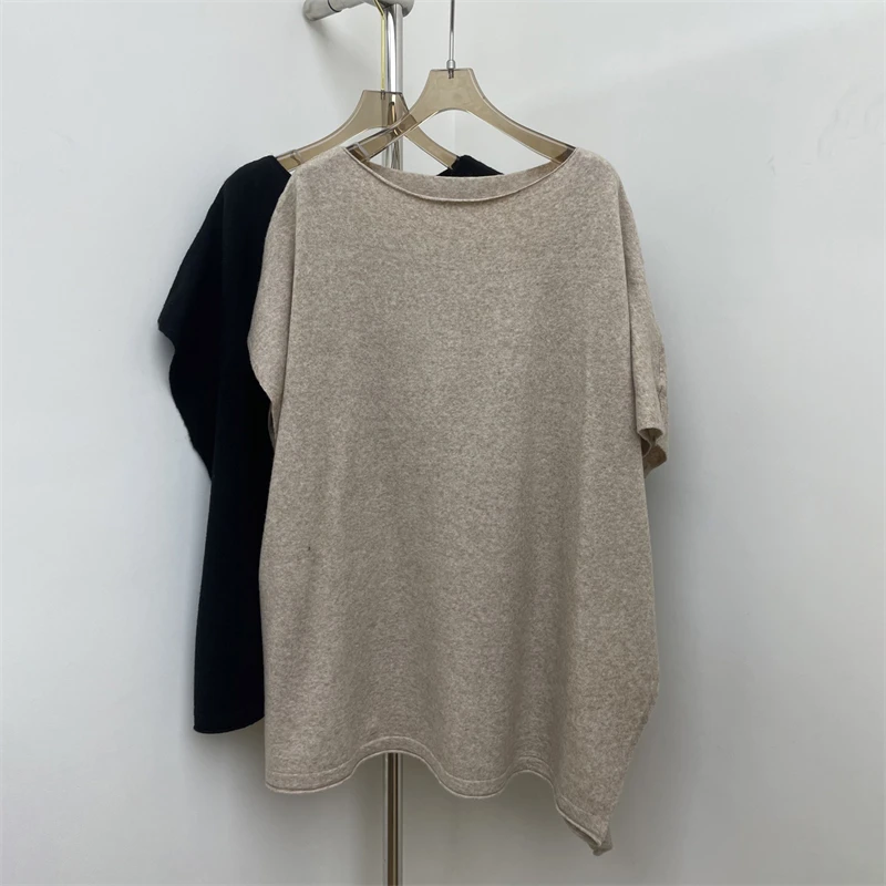 Spring 2026 Women's round Neck Wool Blend Knitted Scarf Short Sleeve T-Shirt High Quality Fashion Casual Loose Comfortable Top
