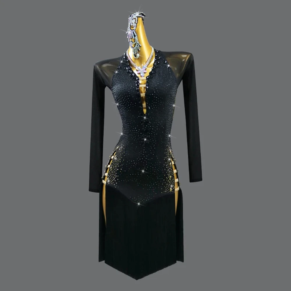 สีดําชุดเต้นรําละตินเวทีเสื้อผ้าผู้หญิงชุดเครื่องแต่งกายกีฬาสวมใส่สาวพรหมกระโปรงชุดราตรีหญิงชุดที่กําหนดเอง