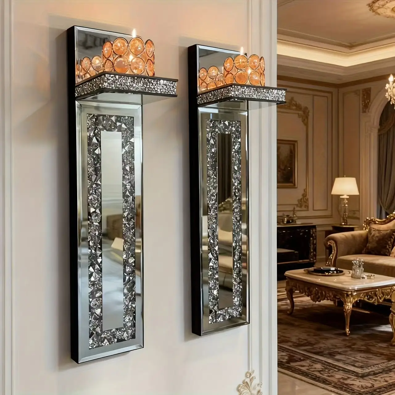 2-Piece Crystal Mirror Wall Candle Holder Set, Gold And Silver Wall Sconce Decor For Living Room (No Power Source, No Candles.)