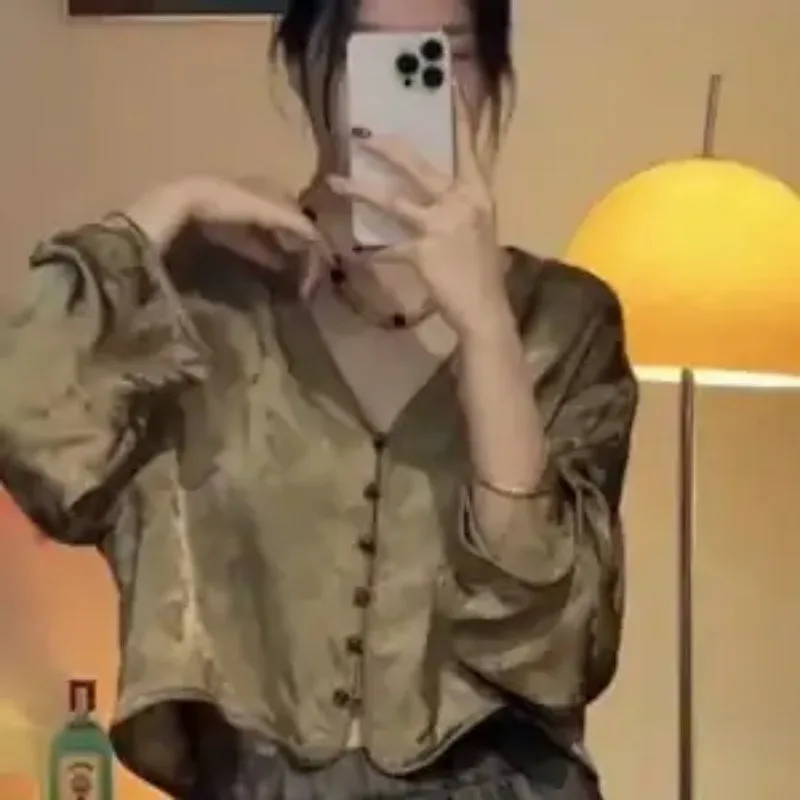 

Women's New Chinese Style Jacquard Cropped Jacket V Neck Loose Elegant Retro Short Coat In Gold