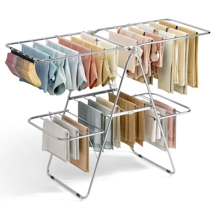 

Clothes Drying Rack with 4 Wings, Stainless Steel Drying Rack Clothing with Sock Clips, Metal Connectors, HeightAdjustable, Fold