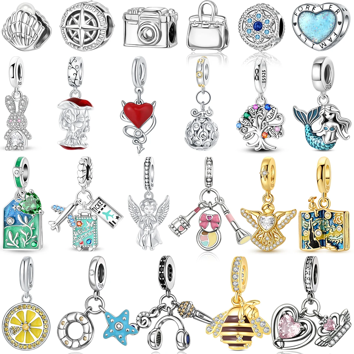 2026 S925 Silver Plated Charm Bead Pearl Shell Camera Compass Bunny Lemon Pattern Suitcase Artistic DIY Bracelet Fine Jewelry